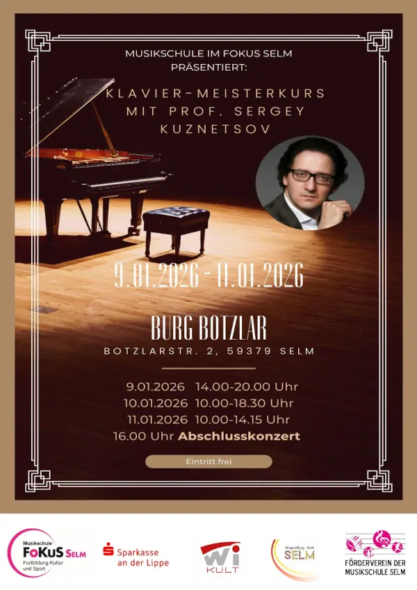 Plakat: Klavier-Meisterkurs mit Prof. Sergey Kuznetsov in der Burg Botzlar, Selm